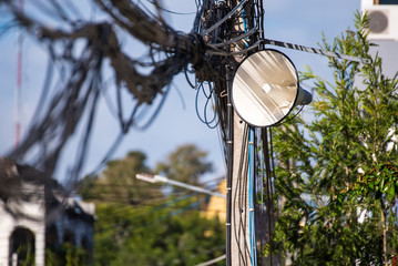 Megaphone for public relations and others communication wires on pole in the village.