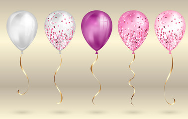 Set of 5 shiny pink realistic 3D helium balloons for your design. Glossy balloons with glitter and gold ribbon, perfect decoration for birthday party brochures, invitation card or baby shower