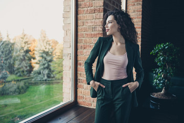 Portrait cute lovely lawyer freelancer stand window have rest feel glad calm satisfied cheerful put...