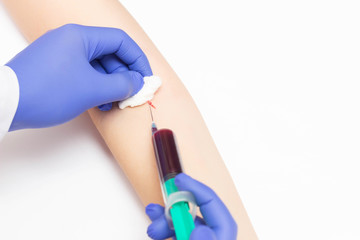 The doctor takes a blood test for the study of thyroid hormones and autoimmune diseases, close-up, copy space, venereology