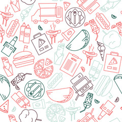 Fast food icons background. Simple outline stroke seamless pattern.