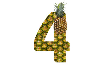 Number 4 four made from pineapple on a white background. Tropical fruit pineapple diet summer food.