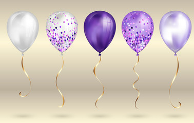 Set of 5 shiny purple realistic 3D helium balloons for your design. Glossy balloons with glitter and gold ribbon, perfect decoration for birthday party brochures, invitation card or baby shower