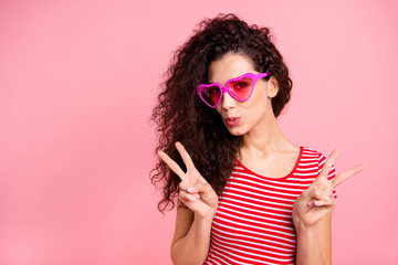 Close-up portrait of her she nice-looking attractive lovely sweet cheerful wavy-haired lady showing double v-sign party hippie hipster isolated over pink pastel background