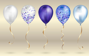 Set of 5 shiny realistic 3D blue helium balloons for your design. Glossy balloons with glitter and gold ribbon, perfect decoration for birthday party brochures, invitation card or baby shower