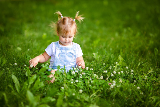 Portrait of adorable little blonde girl lying on grass and propping up her face at summer green park. Baby girl with white flowers