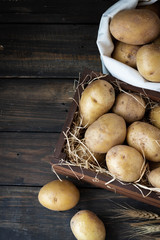 Organic Raw Potatoes in a Wooden Crate in Straw