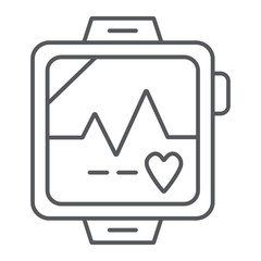 Pulsometer thin line icon, heart and cardio, heartbeat sign, vector graphics, a linear pattern on a white background.
