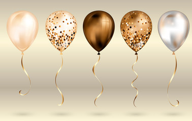 Set of 5 shiny bronze and gold realistic 3D helium balloons for your design. Glossy balloons with glitter and gold ribbon, perfect decoration for birthday party brochures, invitation card 