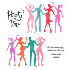 Group of dancing people. Watercolor party vector set.	