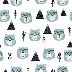 Seamless forest vector pattern with cute bears and trees.