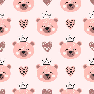 Seamless Cute Bear Princess Pattern. Kids Print.