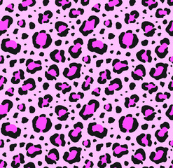 Vector seamless pattern of black leopard dots print fur isolated on pink background 