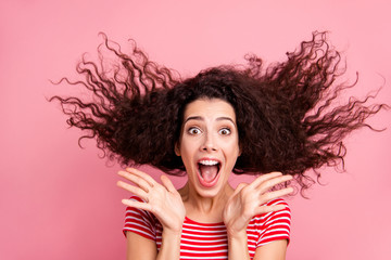Close up photo portrait of pretty humorous emotional with comic facial expression she her lady clapping holding hands near cheeks isolated pastel background