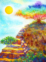 Chakra colorful tree up hill rock stair with blue sky watercolor painting illustration design hand drawn