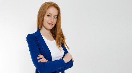 Happy red haired business woman in template blank white t shirt and stylish jacket isolated on gray...