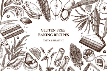 Gluten free baking design. Hand drawn cereal crops sketches. Tasty and healthy food illustration. Farm market products. Great for bakery, packaging, menu, label. Vector pastry and desserts template.