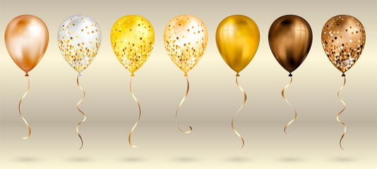 Set of 7 shiny gold realistic 3D helium balloons for your design. Glossy balloons with glitter and gold ribbon, perfect decoration for birthday party brochures, invitation card or baby shower