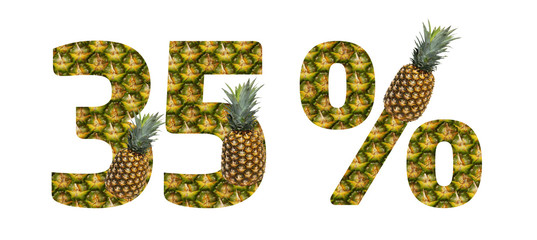 Thirty five percent made from pineapple on a white background. Tropical fruit pineapple diet summer food