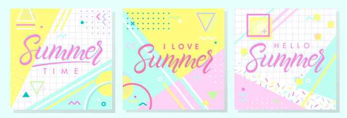 Set of artistic summer cards with bright background,pattern and geometric elements in memphis style.Abstract design templates perfect for prints,flyers,banners,invitations,covers,social media and more