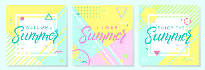 Set of summer cards in memphis style.Abstract design templates perfect for prints,flyers,banners,invitations,covers,social media and more.Welcome summer,i love summer,enjoy the summer
