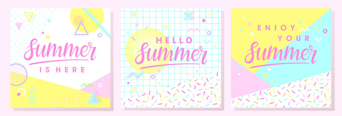 Set of artistic summer cards with bright background,pattern and geometric elements in memphis style.Abstract design templates perfect for prints,flyers,banners,invitations,covers,social media and more