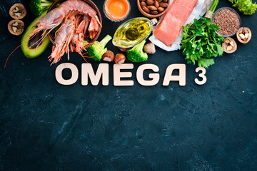 Food with natural vitamin Omega 3. Healthy food: fish, shrimp, broccoli, flax, nuts, egg, parsley....