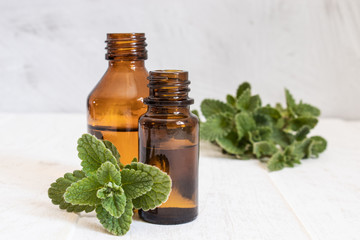 A bottle of mint essential oil with fresh mint leaves in the background.