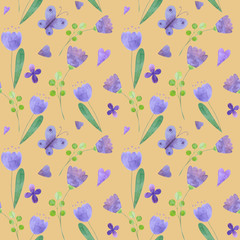 seamless pattern with cute watercolor illustration of stylized flowers.