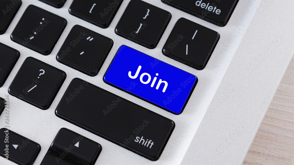 Poster Blue button with text Join on laptop keyboard