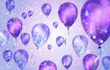 Elegant Purple Flying helium Balloons with Bokeh Effect and glitter. Wedding, Birthday and Anniversary Background. Vector illustration for invitation card, party brochure, banner