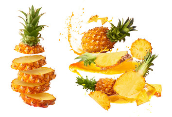 Naklejka na ściany i meble Flying in air fresh ripe whole and cut baby Pineapple with slices and leaves