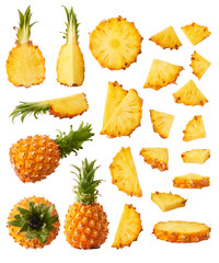 Fresh ripe whole and cut baby Pineapple with slices and leaves - obrazy, fototapety, plakaty