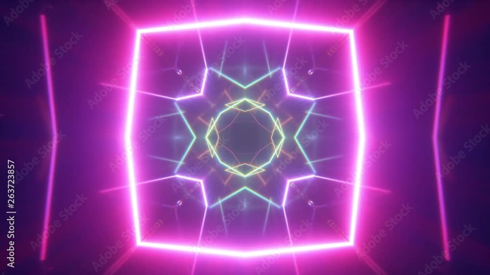 Poster flying through glowing neon lines creating a tunnel, multicolored spectrum, modern colorful lighting