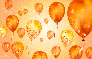 Elegant orange Flying helium Balloons with Bokeh Effect and glitter. Wedding, Birthday and Anniversary Background. Vector illustration for invitation card, party brochure, banner