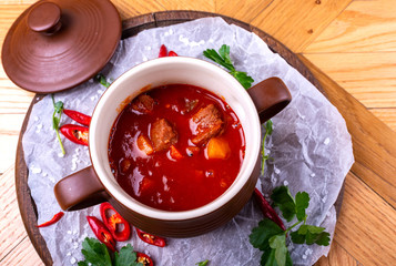 Goulash soup bograch in a bowl. Hungarian dish. Top view