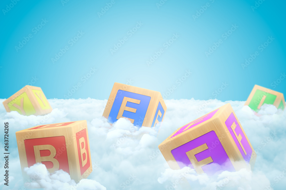 Poster 3d close-up rendering of several abc blocks on thick layer of white fluffy clouds with blue sky abov