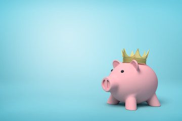 3d front close-up rendering of pink piggy bank wearing gold crown on light-blue background.