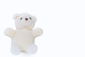 Soft white teddy bear on a white background.