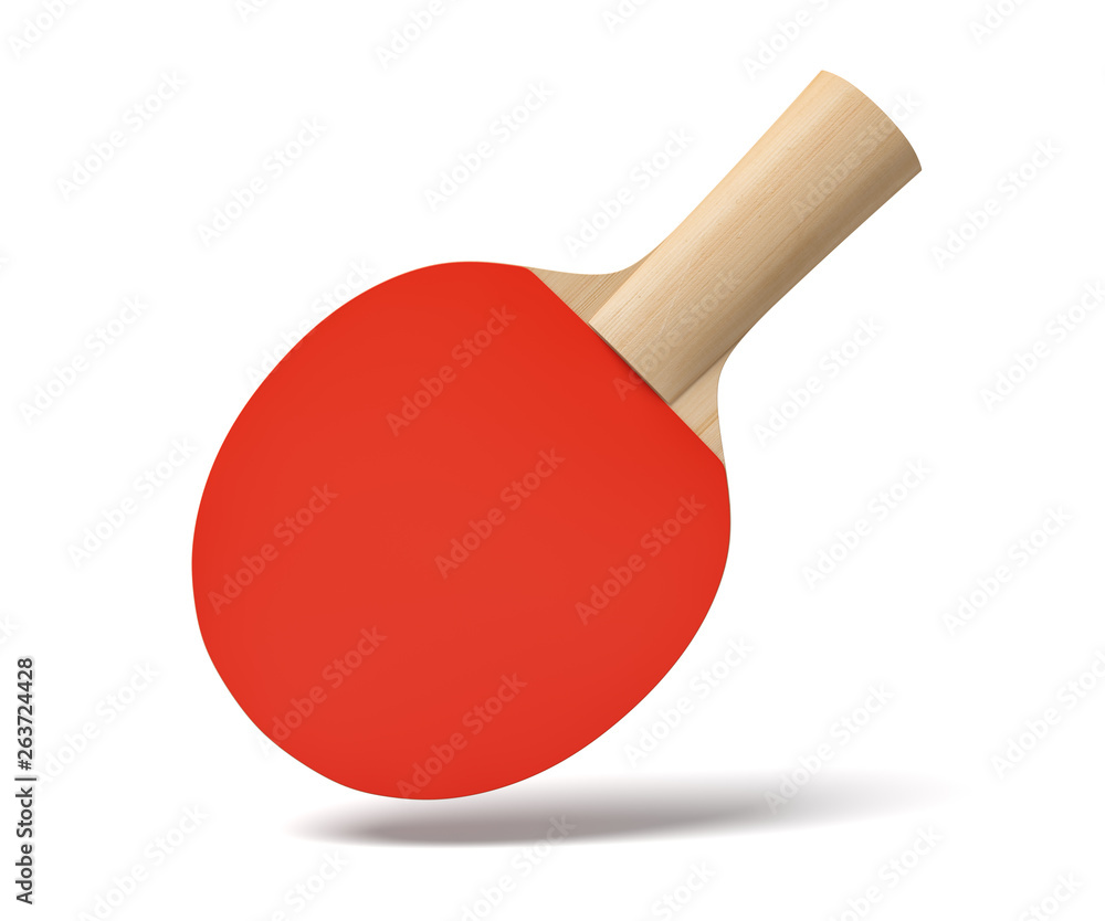 Poster 3d close-up rendering of ping pong racket with wooden handle and red rubber in air on white backgrou