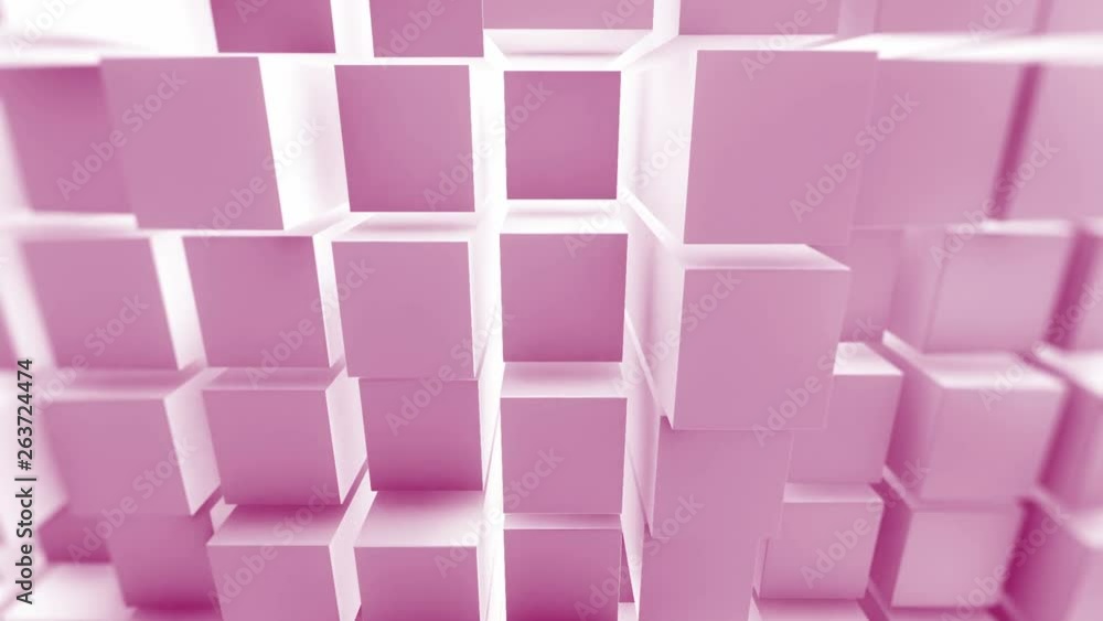 Poster pink 3d cubes. looping animation with camera panning up