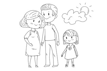 Cartoon family with pregnant woman and little children.