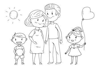 Cartoon family with pregnant woman and little children.