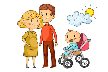 Cartoon family with pregnant woman and little children.