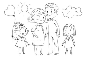 Cartoon family with pregnant woman and little children.