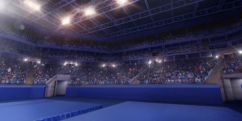 Fototapeta na wymiar Professional gymnastic gym. Tribunes with fans. 3D illustration