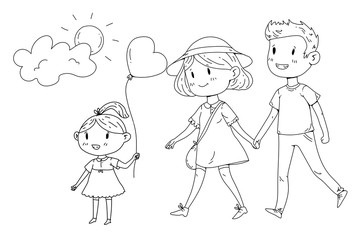 Young happy family walking in park with little children