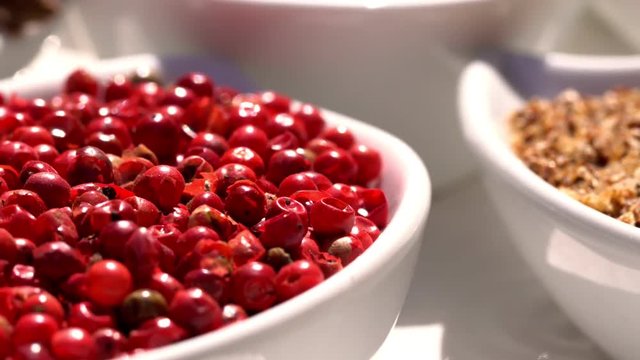 Spices. Various Indian. Spice and herbs rotate. Assortment of Seasonings, condiments. Cooking ingredients, flavor. 4K video Beautiful view