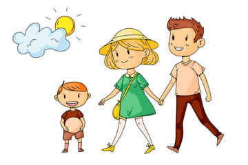 Young happy family walking in park with little children