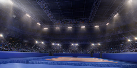 Professional gymnastic gym. Tribunes with fans. 3D illustration - obrazy, fototapety, plakaty